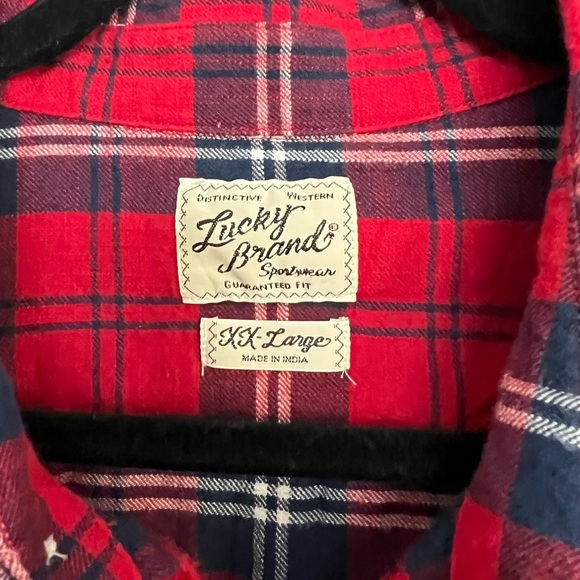 ⭐️ Lucky Brand Western Shirt Red Plaid Pearl Snap Lightweight Flannel Size XXL - Picture 3 of 6
